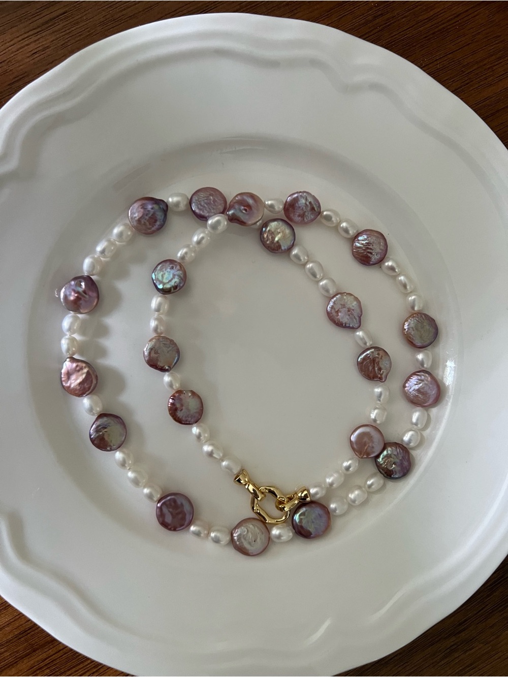 NEW Freshwater Coin Shape Baroque Pearl Long Necklace with Gold Clasp
